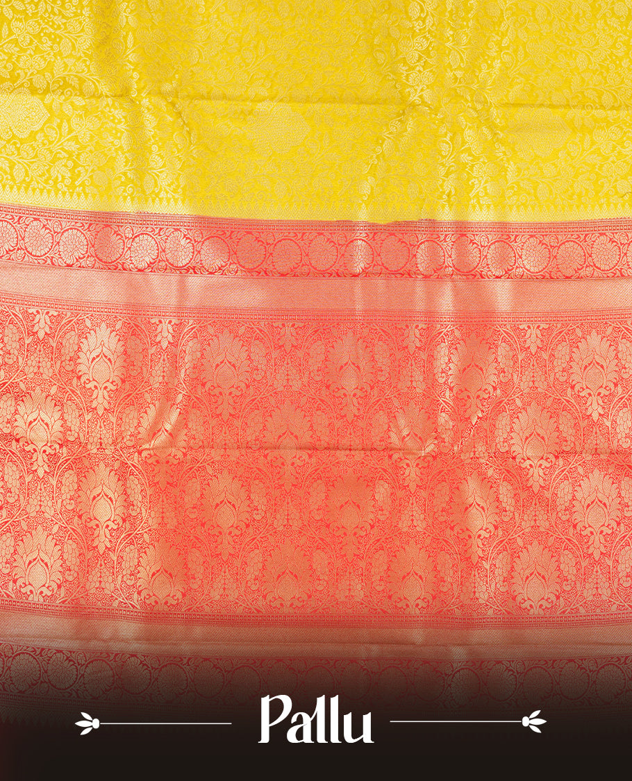 Lemon colour semi silk brocade saree featuring intricate Gold Floral kodi patterns across the body, complemented by a contrast rich red colour woven border and pallu, paired with a matching blouse.