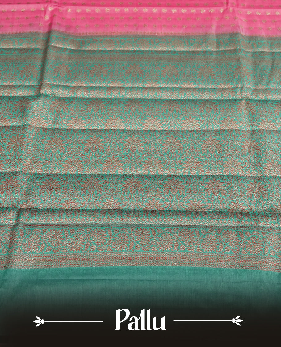 Pink colour pure tussar silk saree adorned with subtle silver zari motifs all over, complemented by a rich contrast aqua blue Banarasi border & Comes with a matching blouse piece.