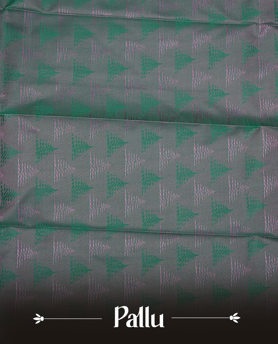 Baby pink colour Semi silk saree Featuring self colour zari motifs on body, complemented by contrast green colour with gold zari border, paired with matching blouse piece.