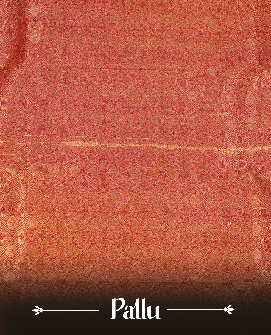 Off white colour Semi silk saree Featuring gold zari motifs on body, complemented by contrast pale orange colour with gold zari border, paired with matching blouse piece.