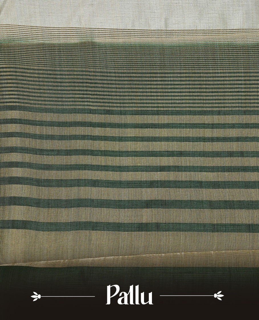 Light gold Colour Tussar saree featuring elegant plain body, complemented by contrast Dark green colour with zari work border, comes with matching blouse piece.