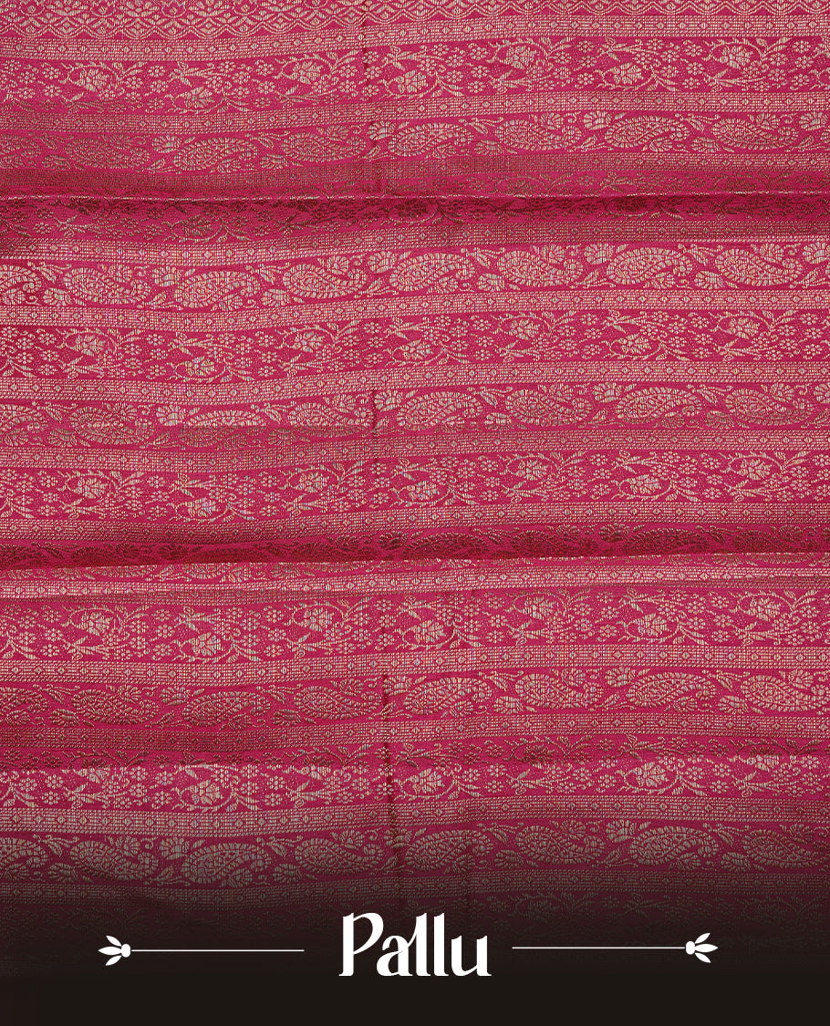 Pink colour Semi Tussar silk saree featuring an elegant plain body, accentuated by a self colour with gold traditional zari border, paired with a matching blouse piece.