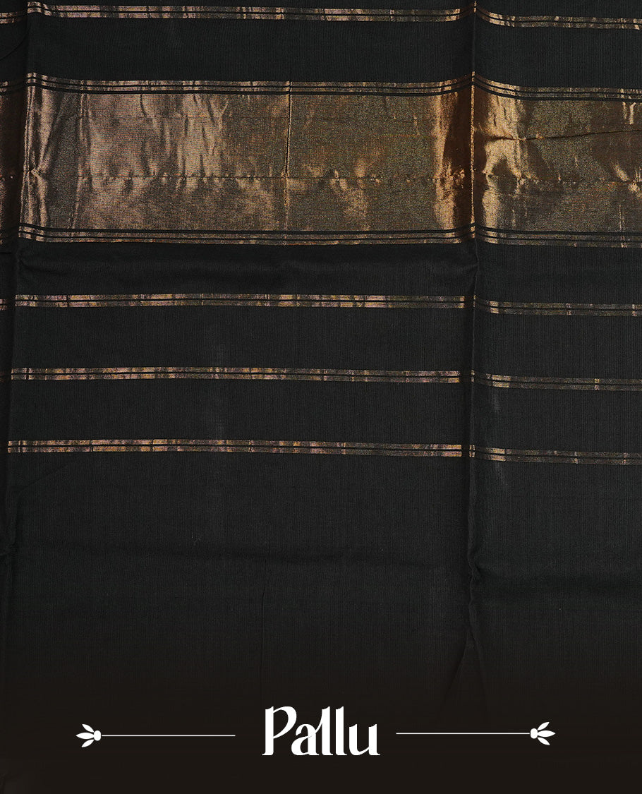 Black colour chettinad cotton saree featuring A Plain body, complemented by Contrast Colour With Peacock Gold Zari border, paired with matching blouse piece.