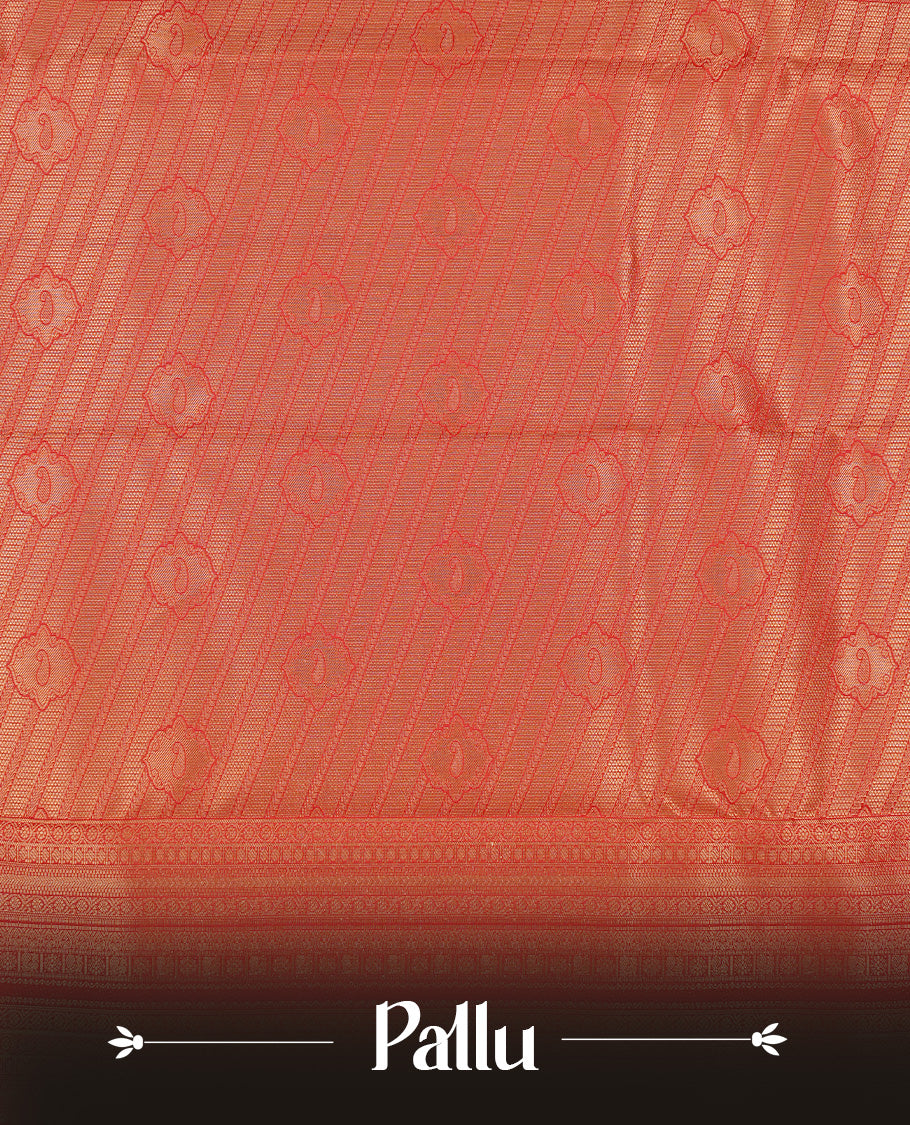 Dark Chocolate colour Traditional Kancheepuram silk saree featuring gold zari motifs on body, enhanced with contrast Red with traditional border, paired with matching blouse piece.