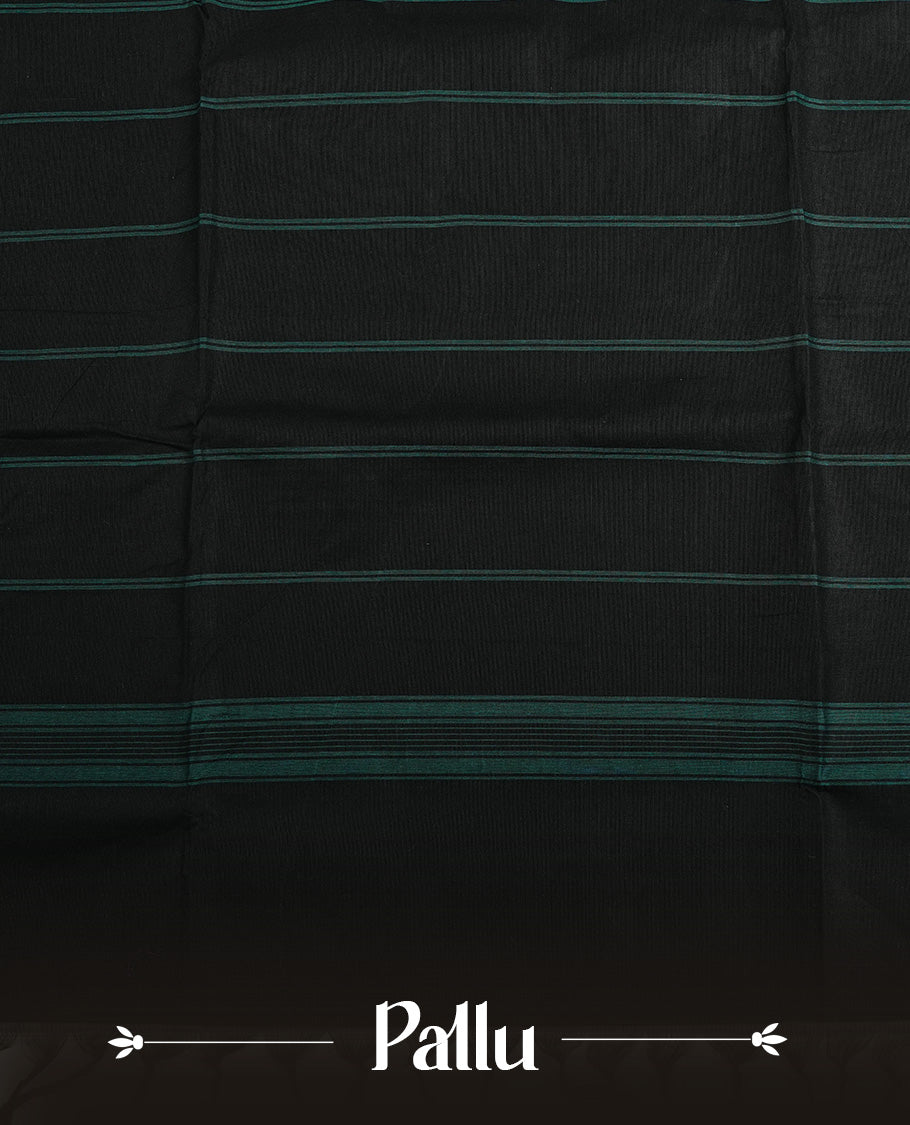 Black colour chettinad cotton saree featuring elegant plain body, complemented by contrast Aqua Colour with cream colour zari pattern on border, paired with matching blouse piece.