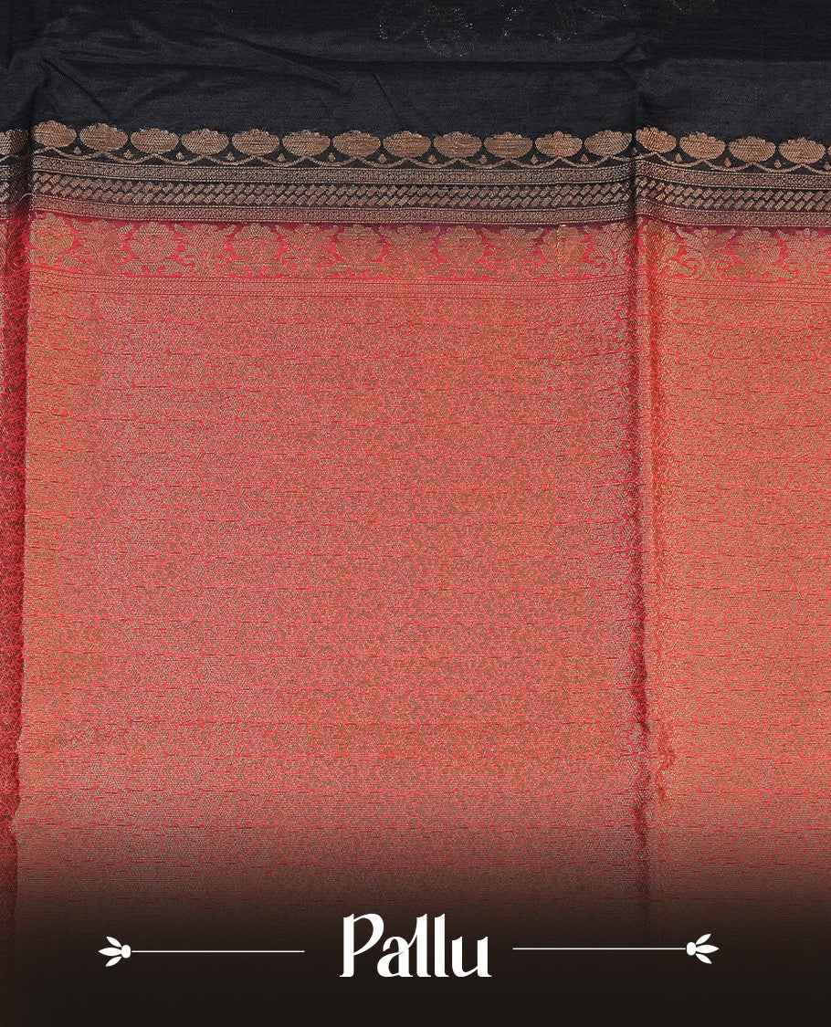 Black colour semi linen saree with elegant gold zari floral motifs across the body, complemented by a Red colour with grand gold zari contrast pallu and a borderless design, paired with a matching blouse piece.