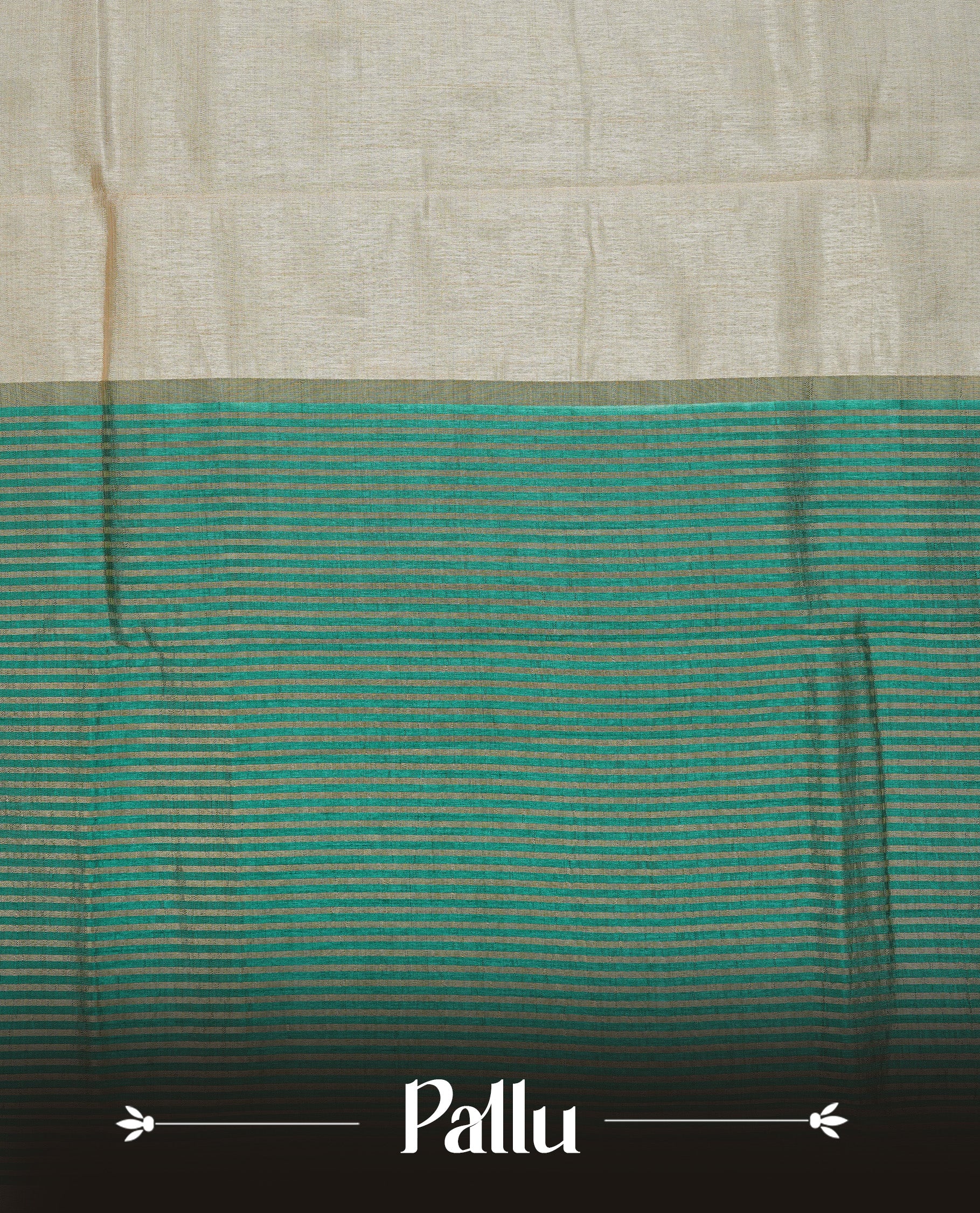 Cream colour Semi Tussar silk saree featuring an elegant plain body, accentuated by a contrast Green border adorned with intricate gold floral kodi zari work, paired with a matching blouse piece.