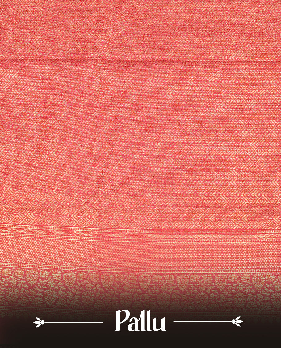 Olive colour semi Wedding silk saree featuring Gold zari motifs on body, enhanced with Contrast red colour with traditional border, paired with matching blouse piece.