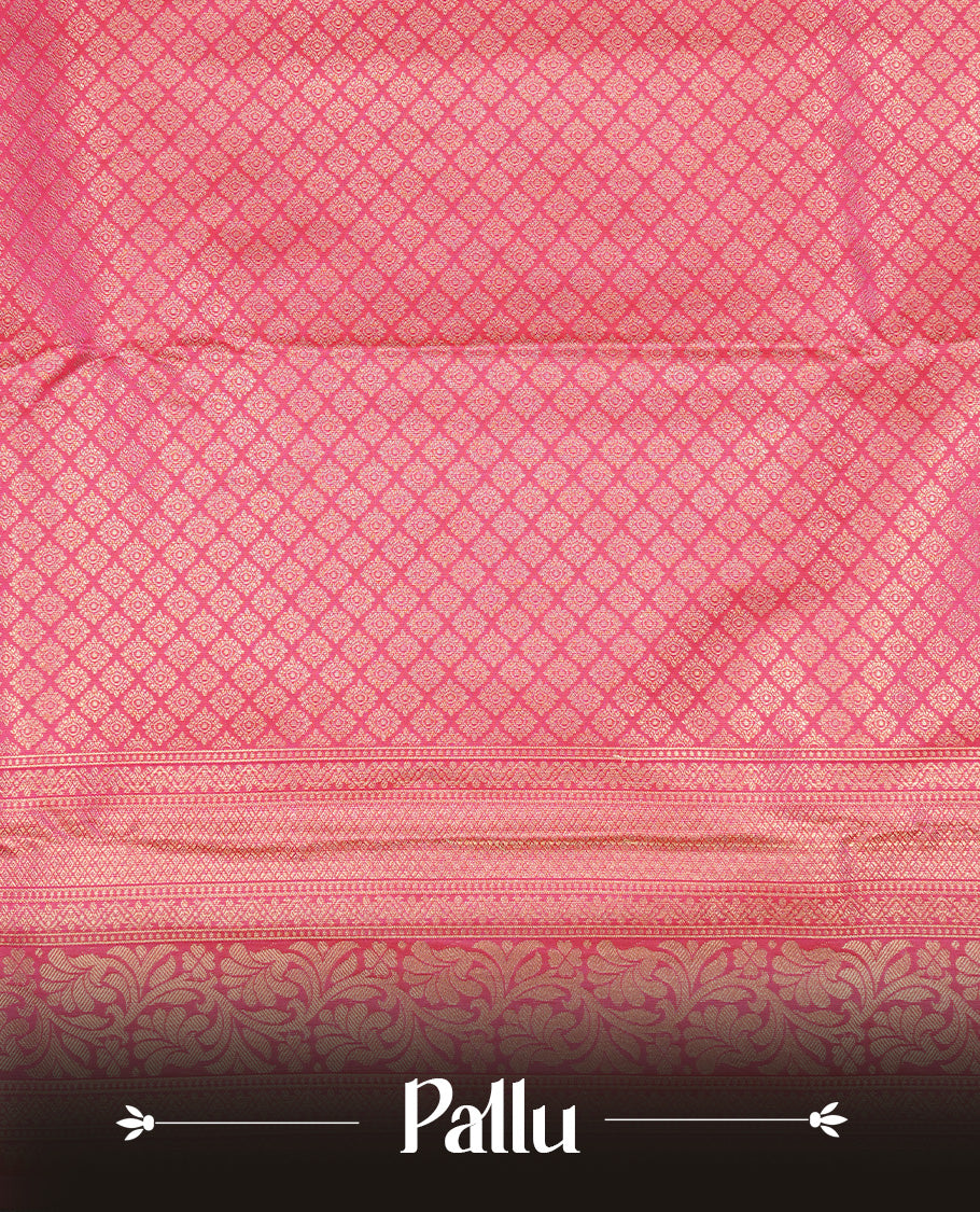 Magenta Semi Wedding Silk Saree featuring Gold Zari Check with Motifs On body, Complemented with traditional zari with Self colour border, paired with matching blouse piece.