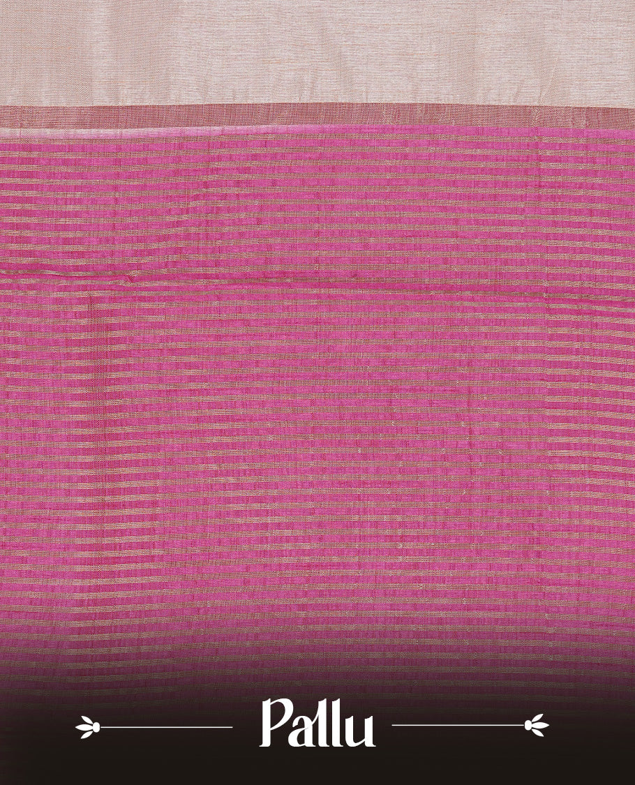 Cream colour Tussar silk saree featuirng Elegant Plain body, complemented by Contrast Magenta colour with gold zari border, paired with matching blouse piece.