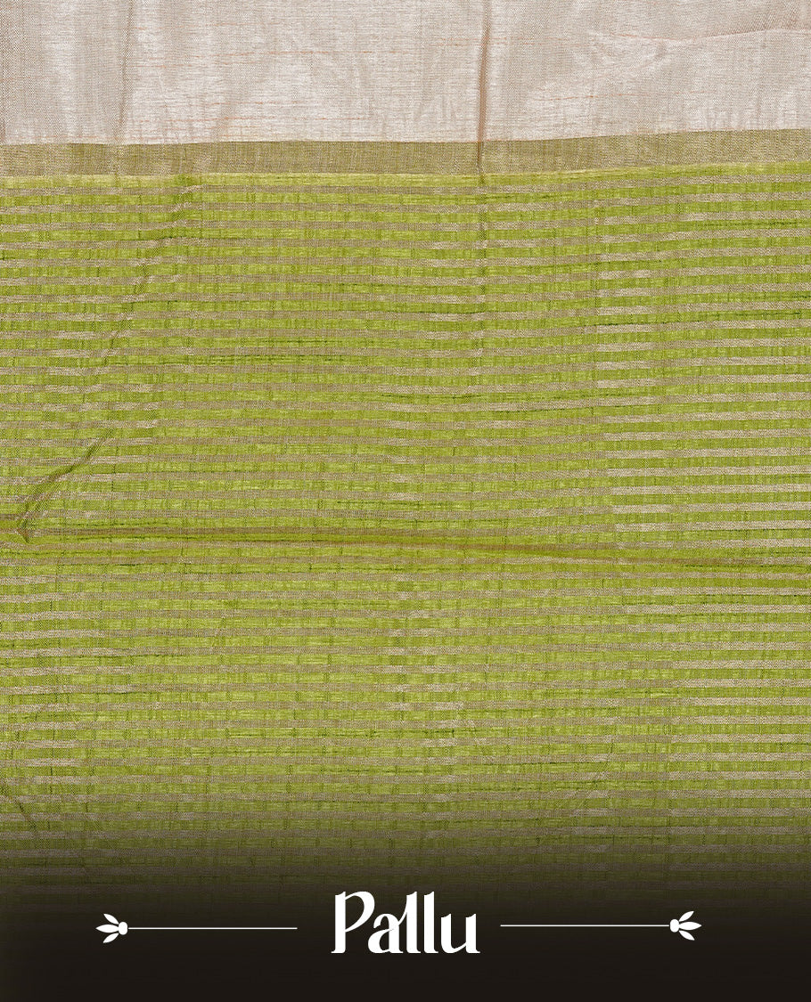 Cream colour Tussar silk saree Featuring Elegant Plain body, complemented by Contrast Light green colour with gold zari border, paired with matching blouse piece.