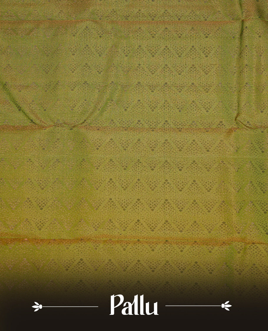 Mustard Colour Traditional Kancheepuram Silk Saree Featuring Bronze Zari Triangle Motifs on the Body, Designed With a Green Border and with a Grand Pallu, Paired with a Matching Blouse.