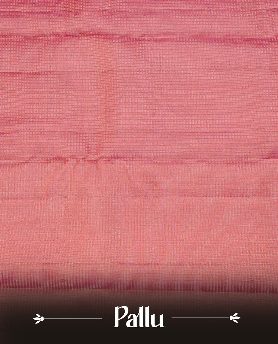 Peach Pink Colour Traditional Kancheepuram Silk Saree Featuring Gold Zari Dotted Stripes on the Body, Designed Without a Border and with a Grand Pallu, Paired with a Matching Blouse.