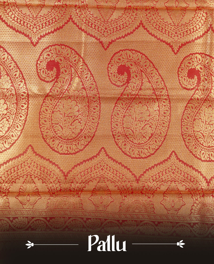 Green & Gold colour Double shade Semi tissue silk saree featuring Gold zari Floral pattern on body, Contrast Chocolate colour with Fancy border, paired with matching.
