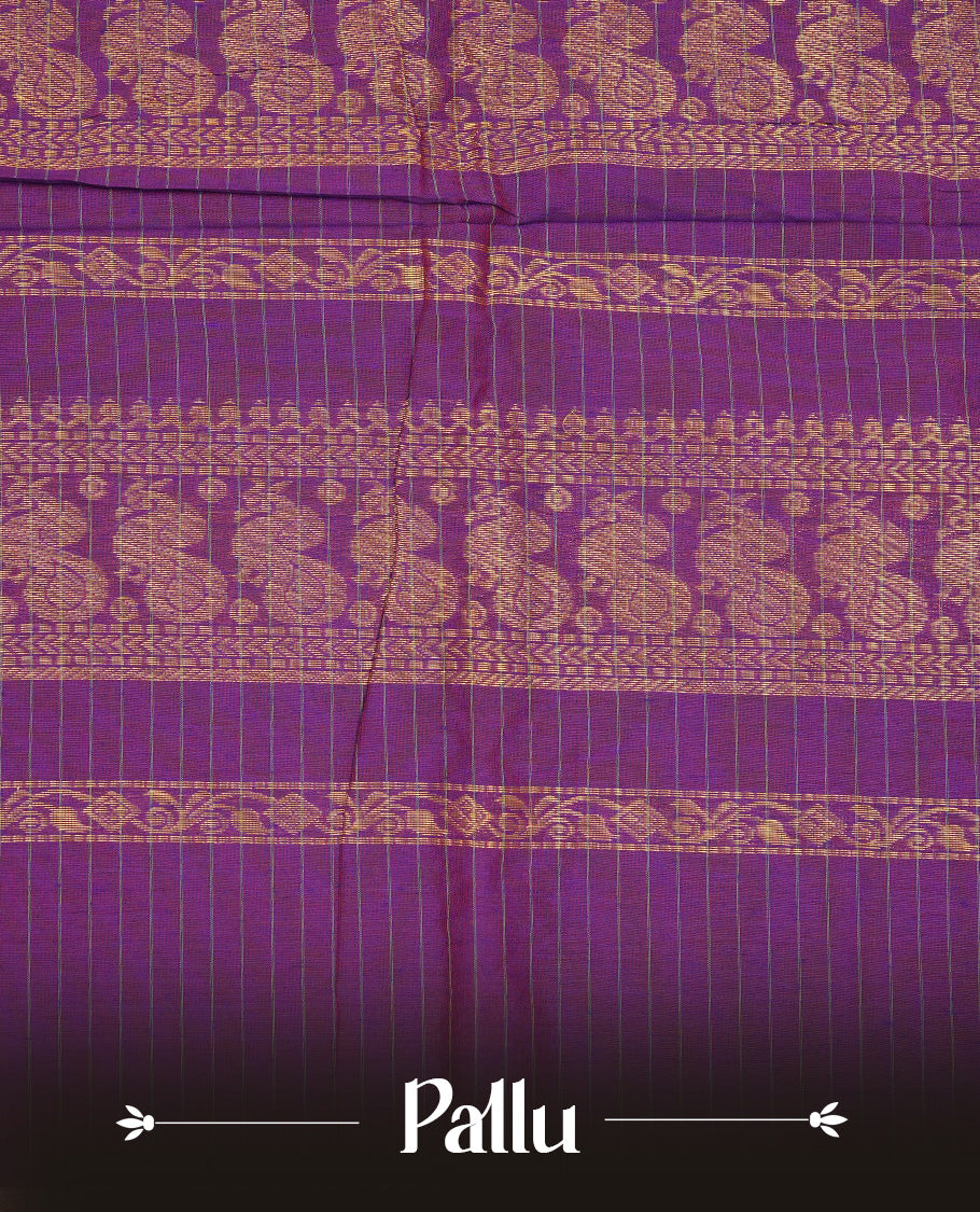 Red colour Kalyani cotton saree featuring Gold zari check pattern on body, complemented by Contrast Purple colour with grand gold zari border & pallu, matching blouse piece