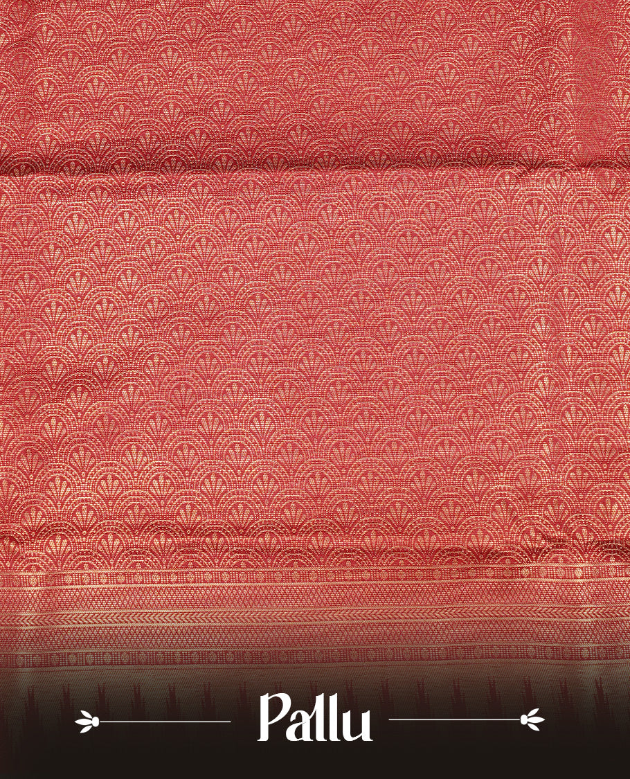 Maroon colour semi wedding silk saree featuring gold zari zigzag pattern on body, enhanced with self colour with traditional border, paired with matching blouse piece.