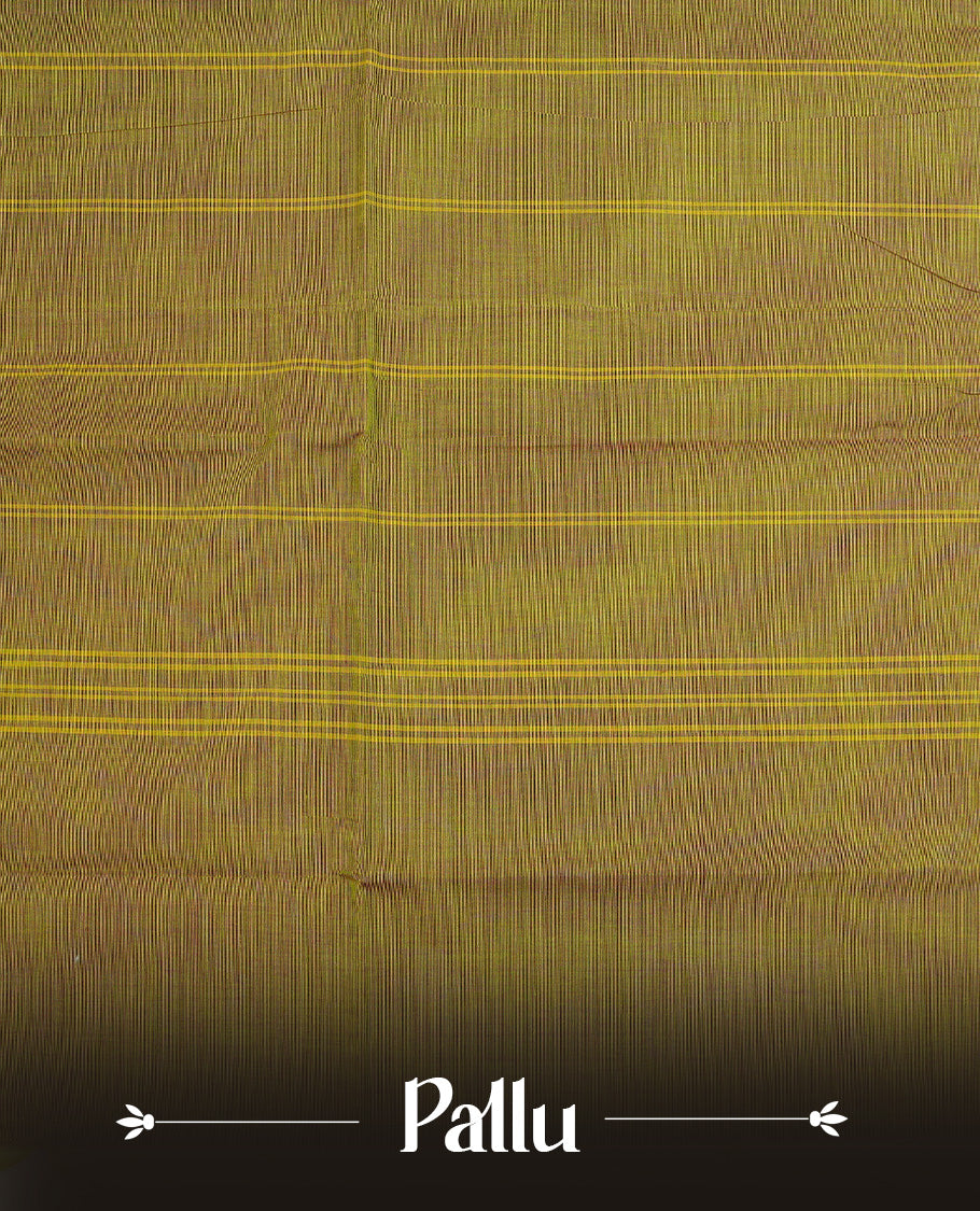 Olive & Pink Dual colour chettinad cotton saree featuring Plain body, complemented by Contrast Pink Colour With Gold Zari border, paired with matching blouse piece.