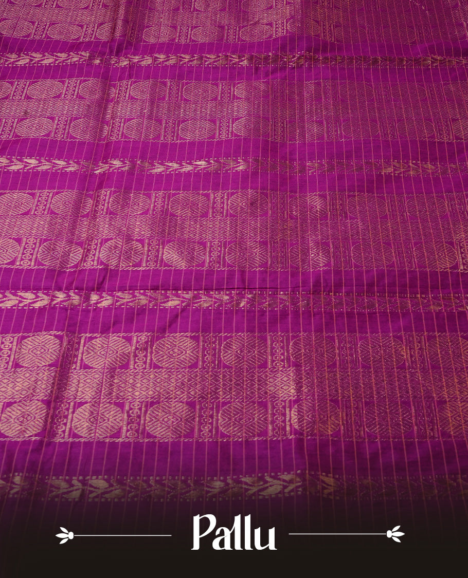 Purple colour Kalyani cotton saree featuring Gold zari checks on body, enhanced with zari border and grand zari pallu, comes with self colour blouse piece.
