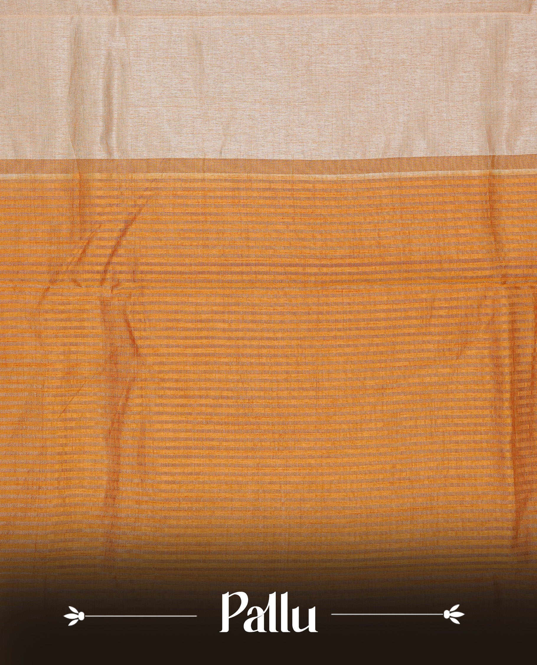 Cream colour Semi Tussar silk saree featuring an elegant plain body, accentuated by a contrast Mustard border adorned with intricate gold floral kodi zari work, paired with a matching blouse piece.