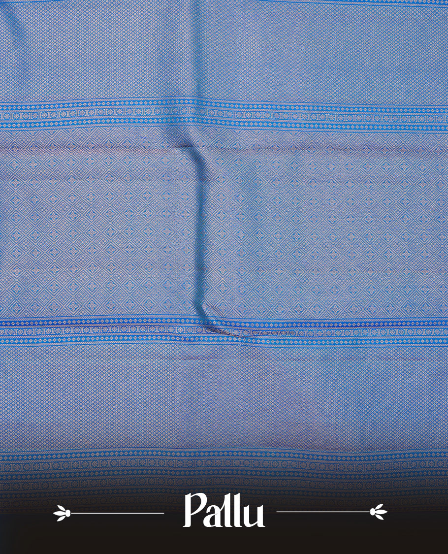 Blue colour Pure wedding silk saree featuring gold zari Check with designed pattern on body, complemented by self colour with traditional border, comes with a matching blouse piece.