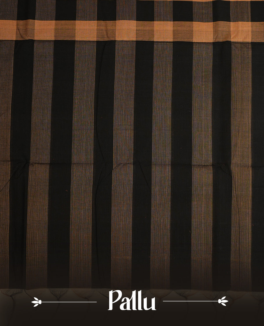 Black & Light Brown Colour Mangalagiri cotton saree Featuring Large Check Pattern On Body , WithOut border & Contrast Striped Pallu. Paired with a matching blouse piece