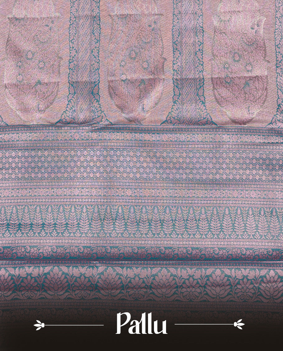 Rose Gold colour Tissue silk saree featuring Green colour floral zari motifs on body, complemented by contrast Light purple zari border, paired with matching blouse piece.