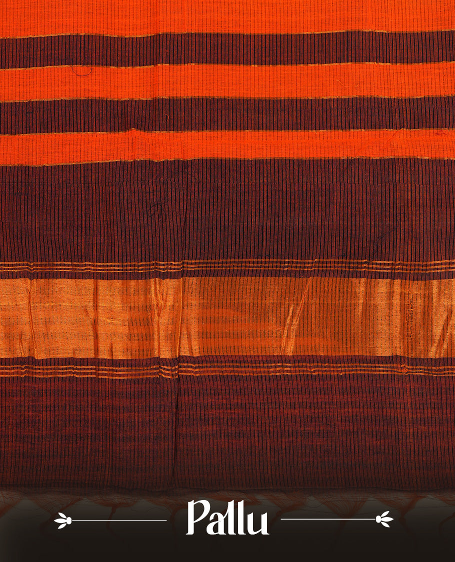 Orange Colour Mangalagiri cotton saree featuring elegant Navy Blue Strips Across The Body , Checks with Gold zari border & Gold Zari Pallu, Paired With a matching blouse piece.