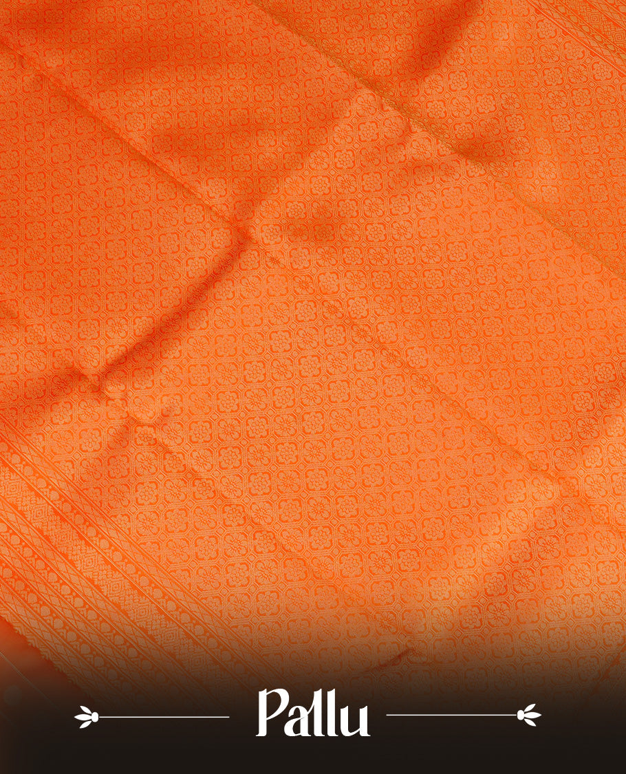Cream Colour Semi Soft Silk Saree Featuring Gold zari Check With motifs Pattern On Body, Highlighted by contrast Orange border with Gold zari, paired with matching blouse piece.