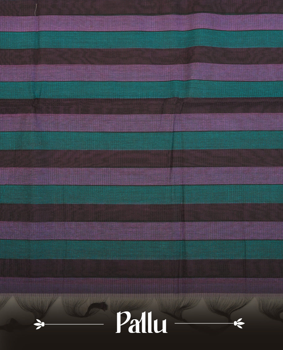 Black Colour Mangalagiri cotton saree Featuring with teal and purple stripes, complemented by an antique zari border & Pallu.Paired with a matching blouse piece