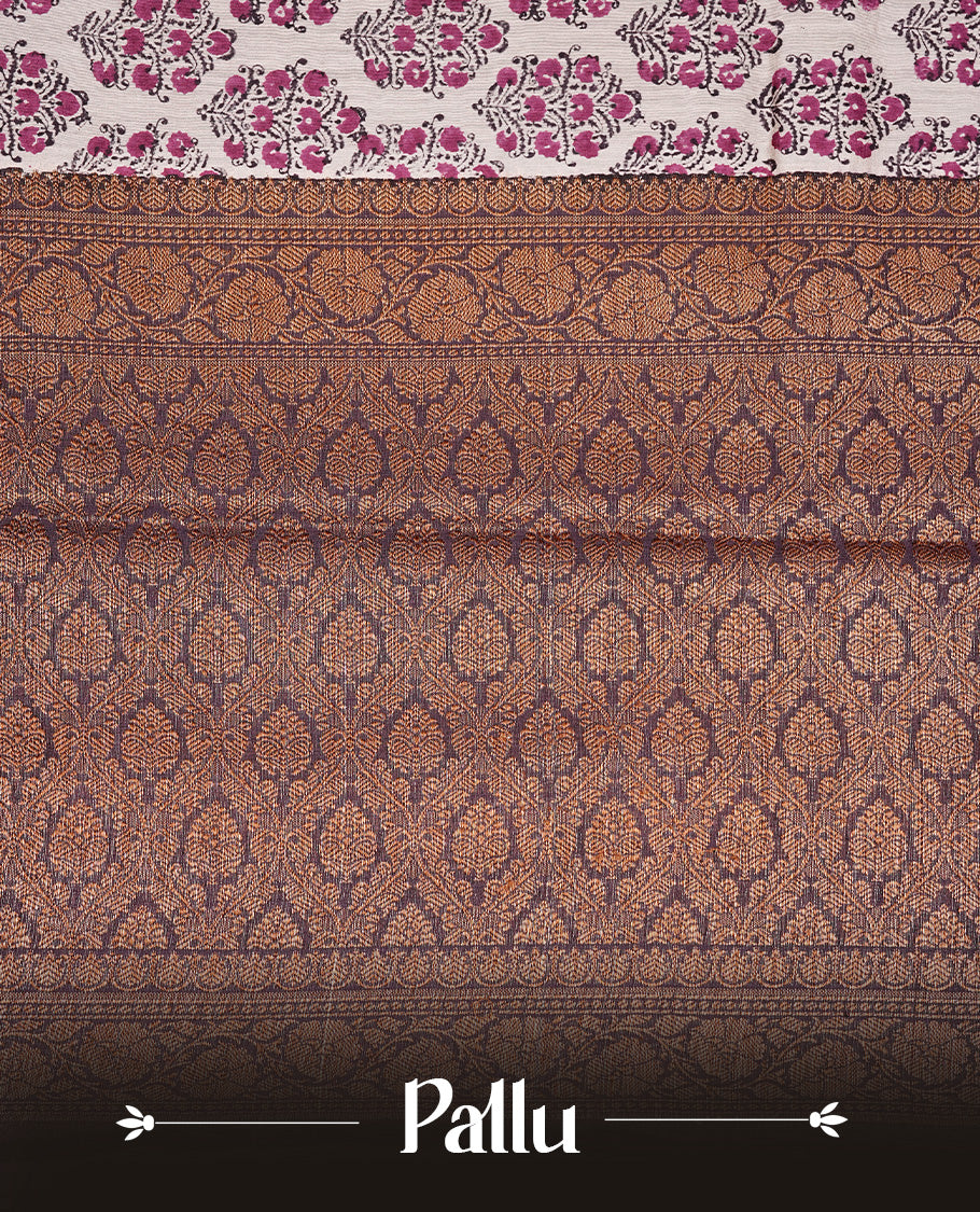 Beige Colour Chanderi silk saree featuring Block print on body, complemented by Contrast Dark Maroon colour with Antique zari border, paired with matching blouse piece.