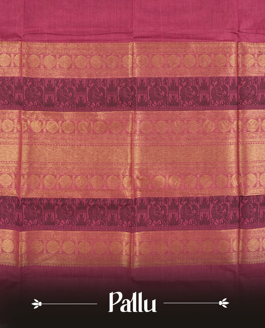 Magenta and Dark wine colour Chettinad cotton saree adorned with a single small woven motif on the body, highlighted by a golden zari border featuring circular patterns and intricate detailing & Paired with a matching blouse piece.