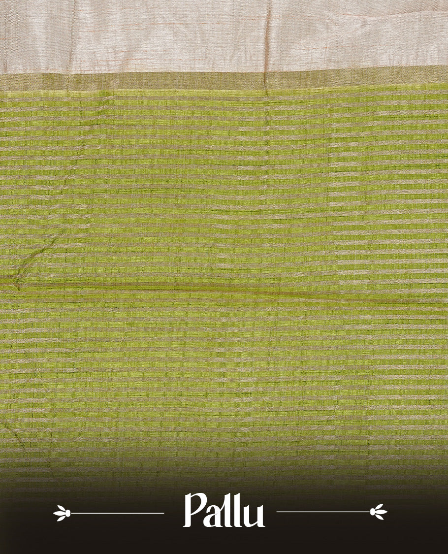 Cream colour Tussar silk saree featuirng Elegant Plain body, complemented by Contrast Light green colour with gold zari border, paired with matching blouse piece.