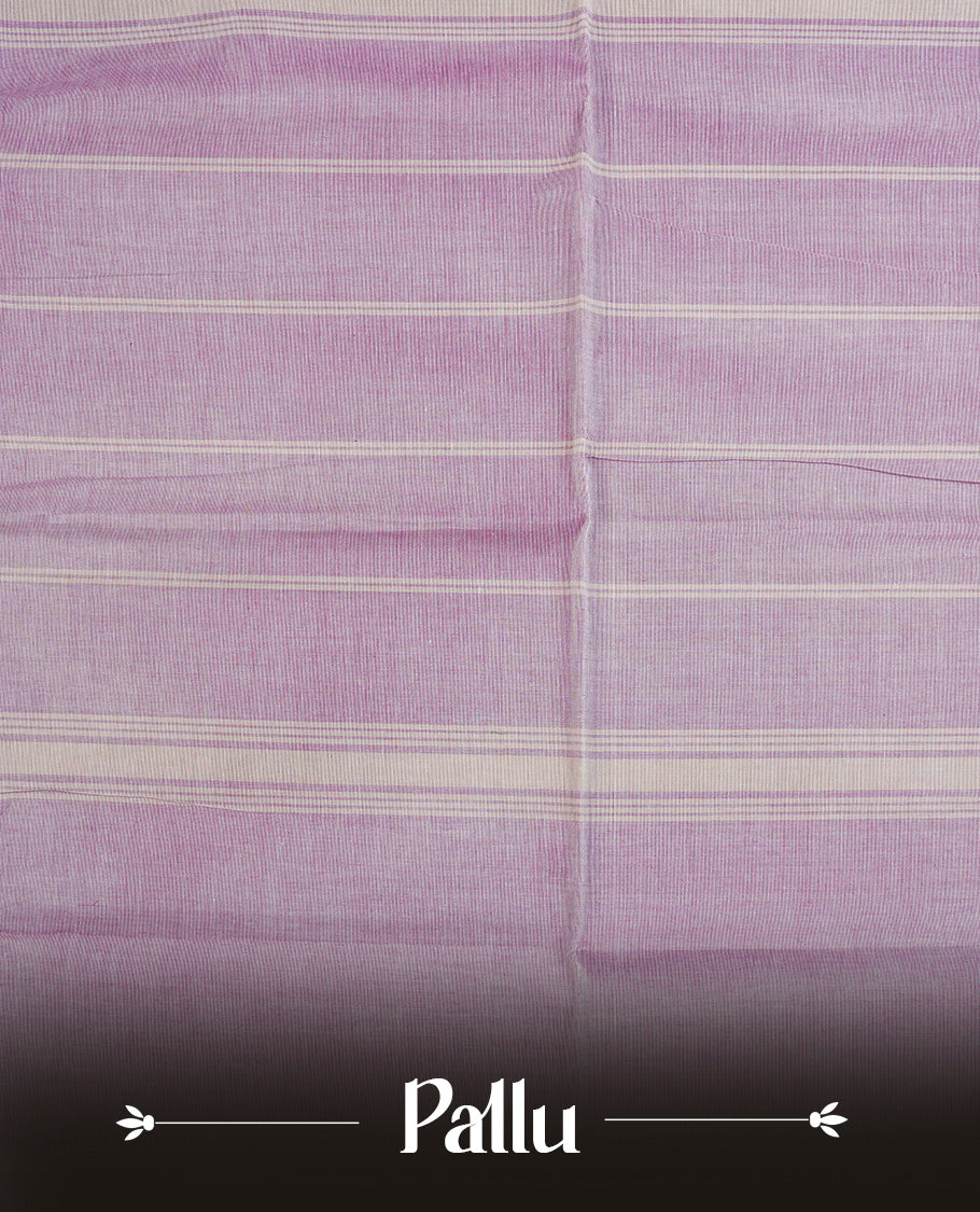Lavender colour Chettinad cotton saree featuring Elegant plain body, complemented by contrast Purple colour with Gold zari border, paired with matching blouse piece.
