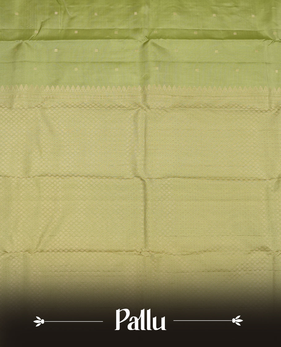 Light mehandi colour Vasundhara silk saree adorned with all-over gold square motifs on the body, complemented by a self colour with green Box pattern border and paired with a matching blouse piece.