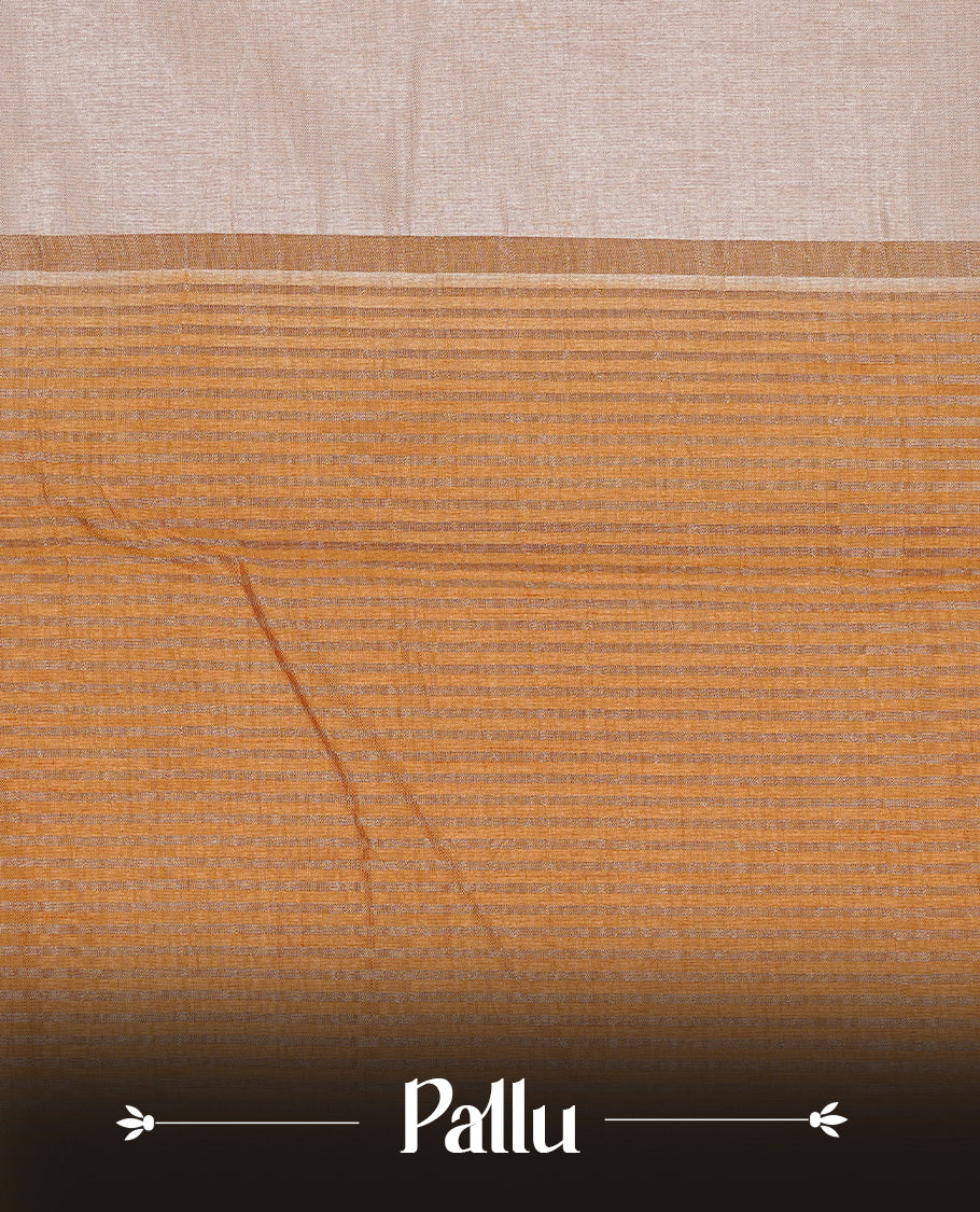 Cream colour Tussar silk saree Featuring Elegant Plain body, complemented by Contrast Mustard colour with gold zari border, paired with matching blouse piece.