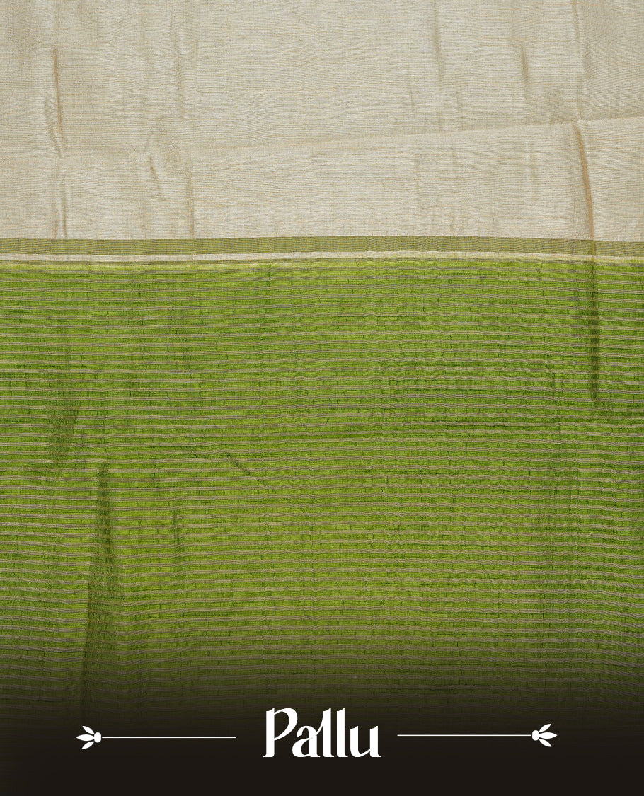 Cream colour Semi Tussar silk saree featuring an elegant plain body, accentuated by a contrast olive border adorned with intricate gold zigzag zari work, paired with a matching blouse piece.