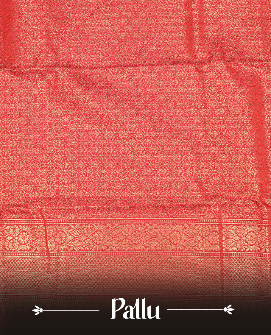 Red Semi Wedding Silk Saree featuring Gold Zari Motifs On body, Complemented with traditional zari with Self colour border, paired with matching blouse piece.