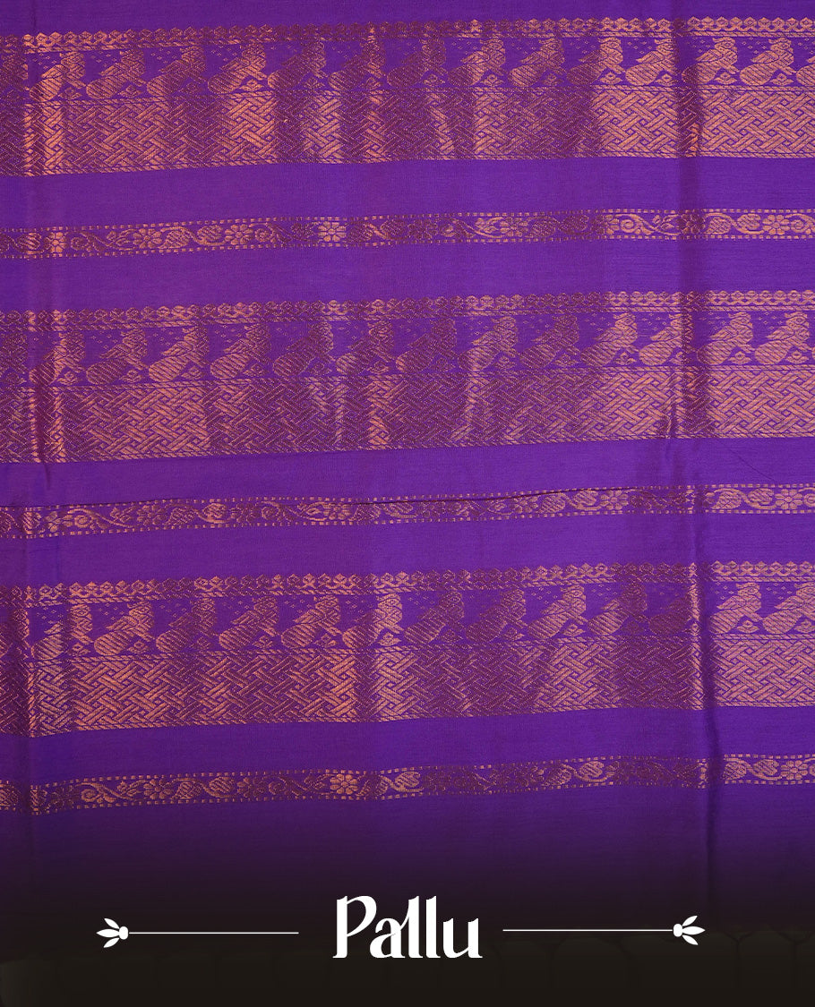 Lavender colour Kalyani cotton saree featuring Gold zari check pattern on body, complemented by Contrast Violet colour with grand gold zari border & pallu, matching blouse piece