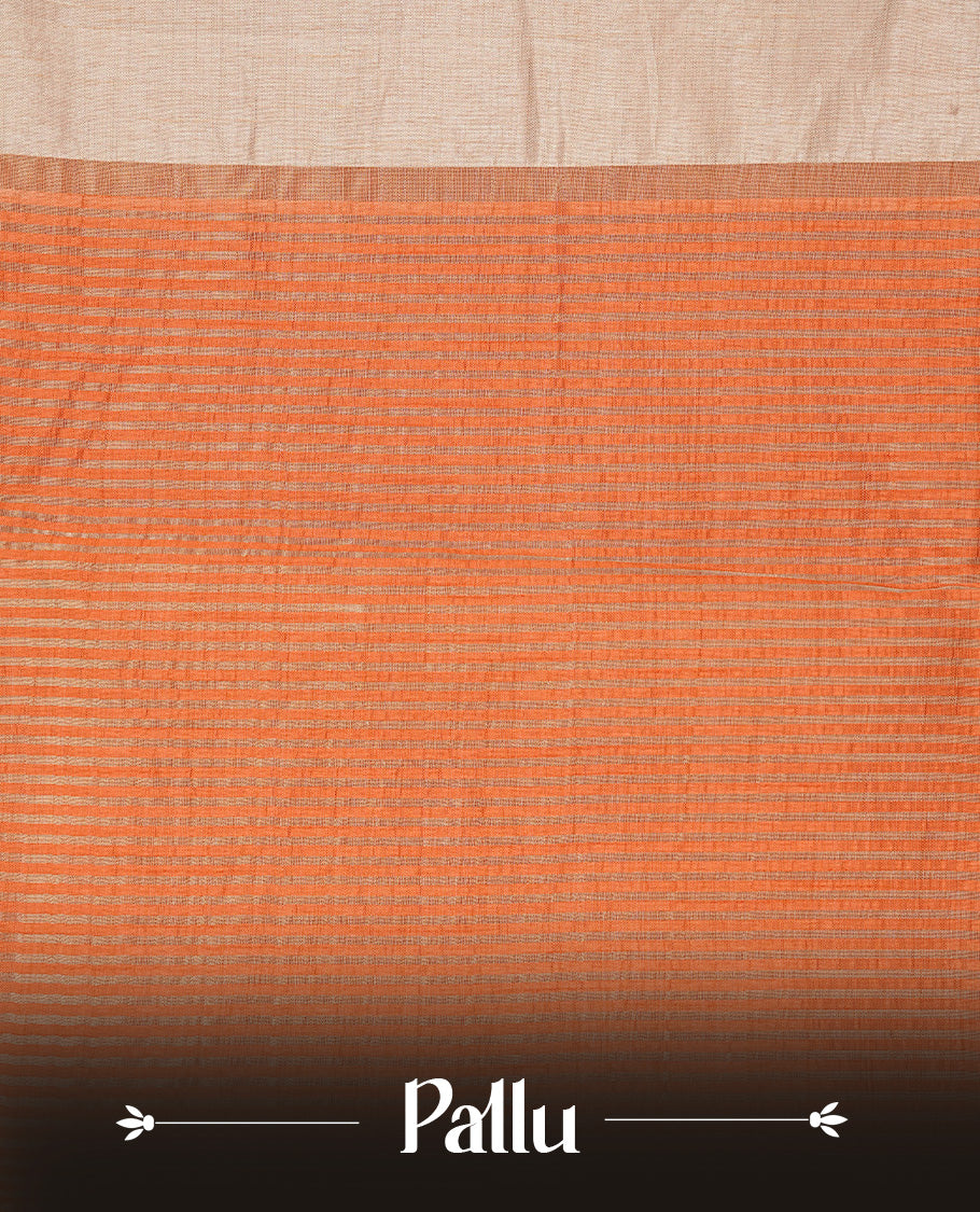 Cream colour Semi Tussar silk saree featuring an elegant plain body, accentuated by a contrast Orange border adorned with intricate gold Floral kodi zari work, paired with a matching blouse piece.