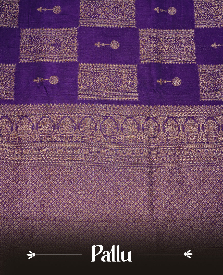 Violet colour Tussar Banaras Georgette silk saree featuring Antique zari Box Pattern on body, complemented by self colour border with zari border, paired with matching blouse piece.