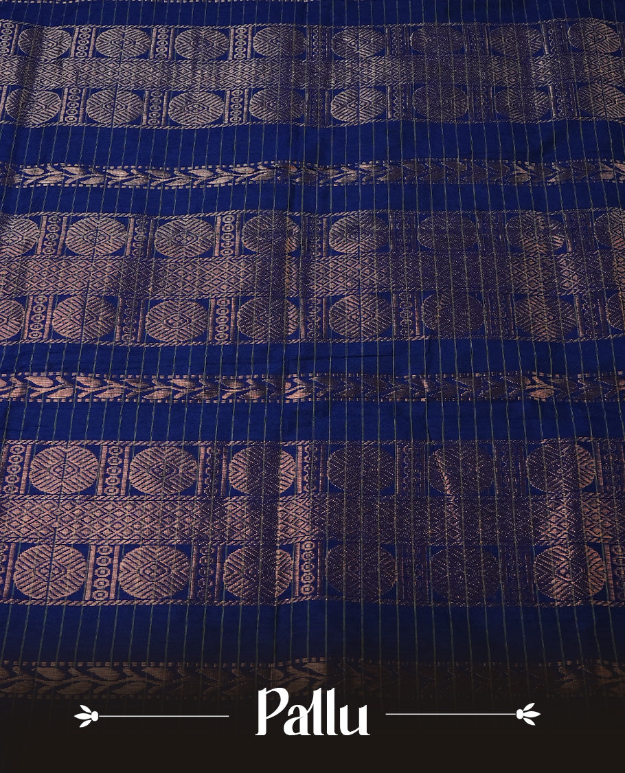 Navy Blue colour Kalyani cotton saree featuring Gold zari checks on body, enhanced with zari border and grand zari pallu, comes with self colour blouse piece.