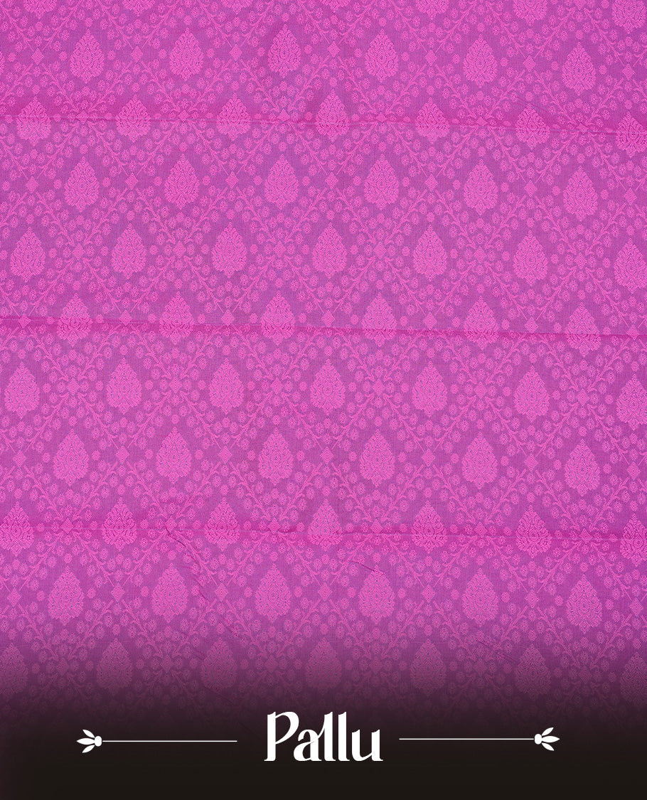 Bright Pink colour Semi silk saree Featuring Self colour zari motifs on body, complemented by contrast purple colour with gold zari border, paired with matching blouse piece.