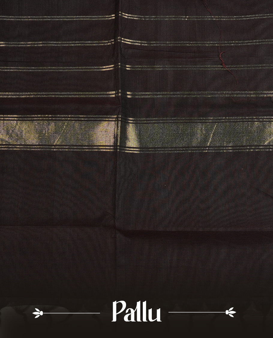 Dark Chocolate colour chettinad cotton saree featuring a Plain body, complemented by Contrast Colour With A Traditional Gold Zari border, paired with matching blouse piece.