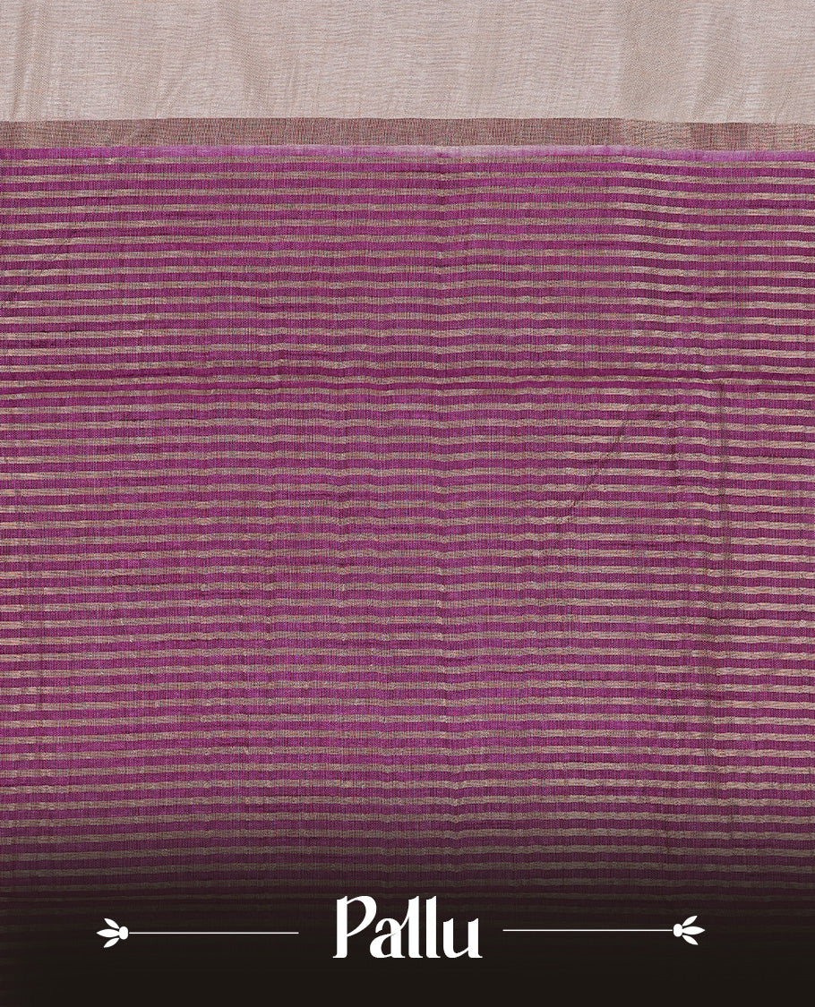 Cream colour Tussar silk saree Featuring Elegant Plain body, complemented by Contrast Purple colour with gold zari border, paired with matching blouse piece.