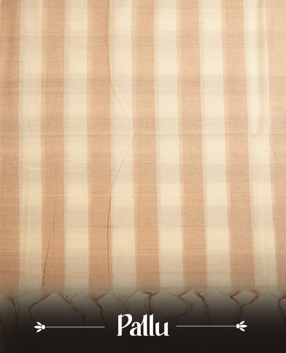 Cream & Light Brown Colour Mangalagiri cotton saree Featuring Check Pattern On Body , WithOut border & Contrast Striped Pallu. Paired with a matching blouse piece