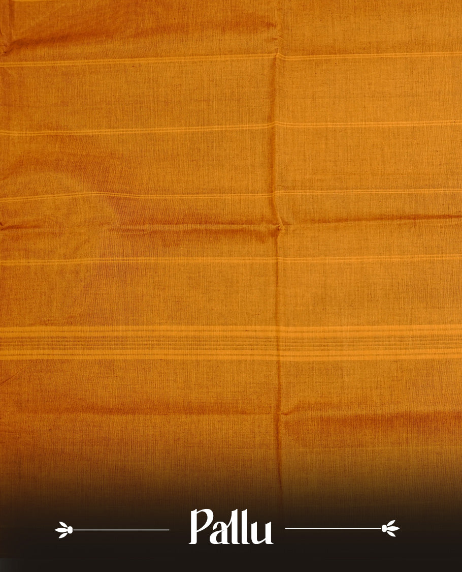 Mustard Orange colour chettinad cotton saree featuring Plain body, complemented by Contrast Dark Chocolate Colour With Traditional Gold Zari border, paired with matching blouse piece.