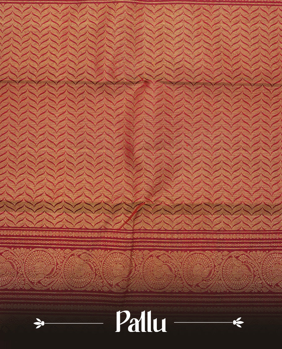 Bottle green colour traditional kancheepuram silk saree featuring gold zari buttas on body, contrast Maroon colour Border, comes with matching blouse piece.