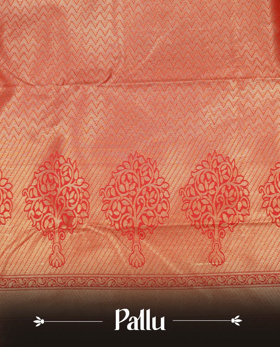 Dark Green colour semi Wedding silk saree featuring Gold zari motifs on body, enhanced with Contrast Red colour with traditional border, paired with matching blouse piece.