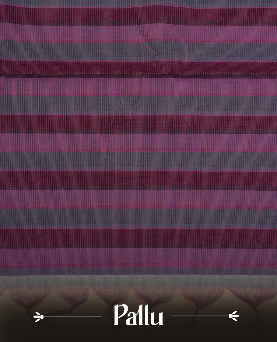 Teal Green,Purple & Lavender Colour Mangalagiri Cotton Featuring Contrast stripes On Body, Complemented By Gold Zari border & Contrast Pallu ,Paired With Matching Blouse Piece.