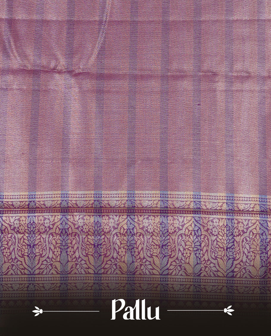 Blue, Red & Yellow Colour Tissue Saree featuring Multi colour Check Design on body, complemented by contrast Burgundy colour with Gold zari border, paired with matching blouse piece.